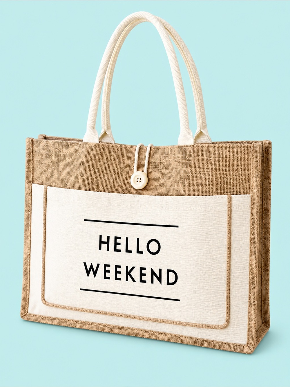 Hello Weekend Canvas Tote Bag Burlap Trim Large Beach Market Bag